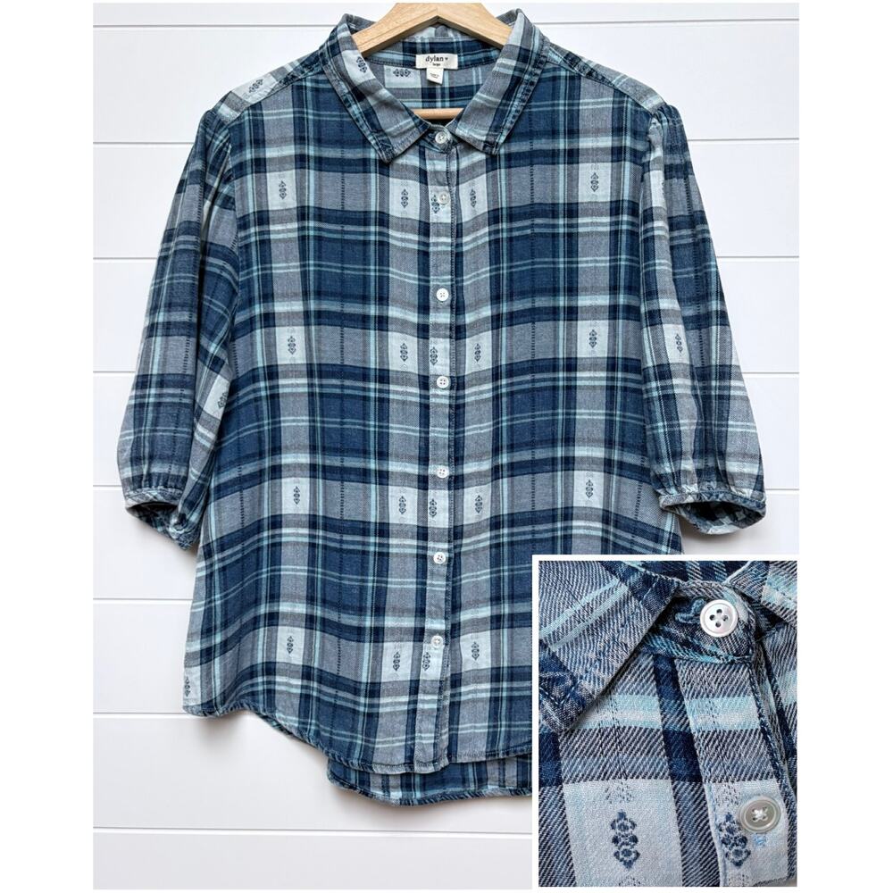 DYLAN Blue Plaid Flannel Button Front Shirt Puff Sleeves 100% Cotton Boho Large